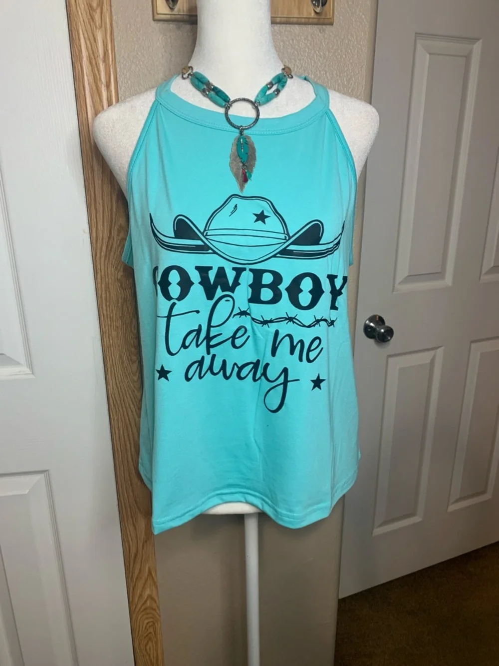 WESTERN Turquoise Halter Tank Graphic Print 'Cowboy Take Me Away' - Picture 3 of 5